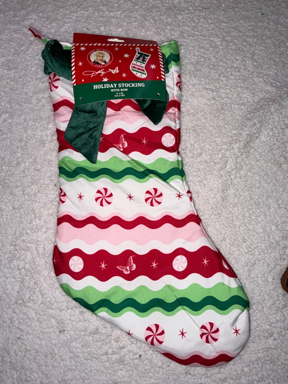 NEW Dolly Parton Christmas Stocking 17.5 Green Velvet Bow Peppermint Stripes